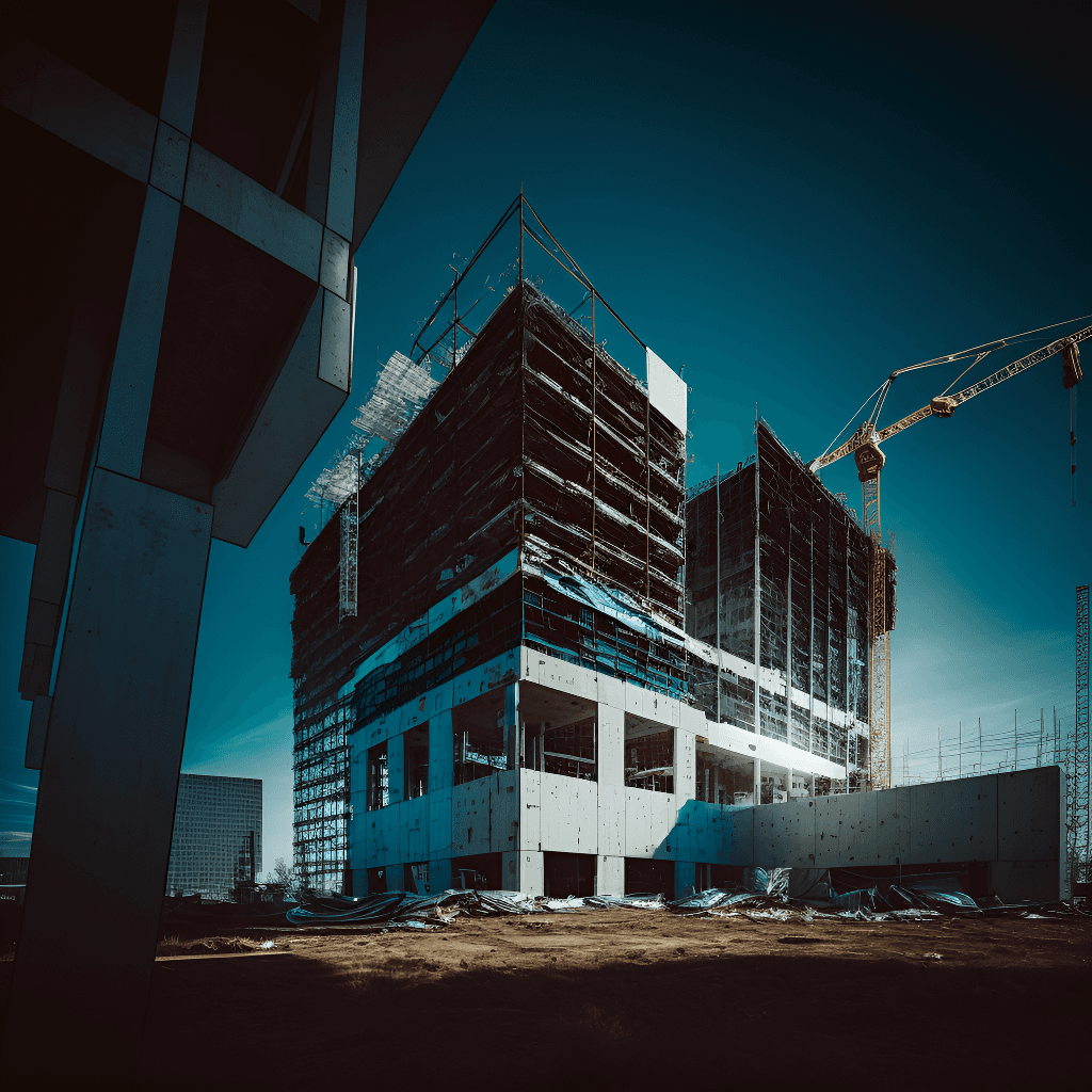 Building unConstruction site with partially completed modern building and crane against blue sky shot from low angleder construction