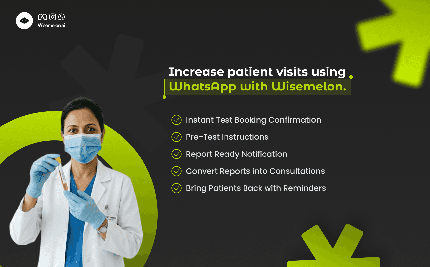 WhatsApp automation for diagnostic labs showing report delivery, patient reminders, and booking confirmations