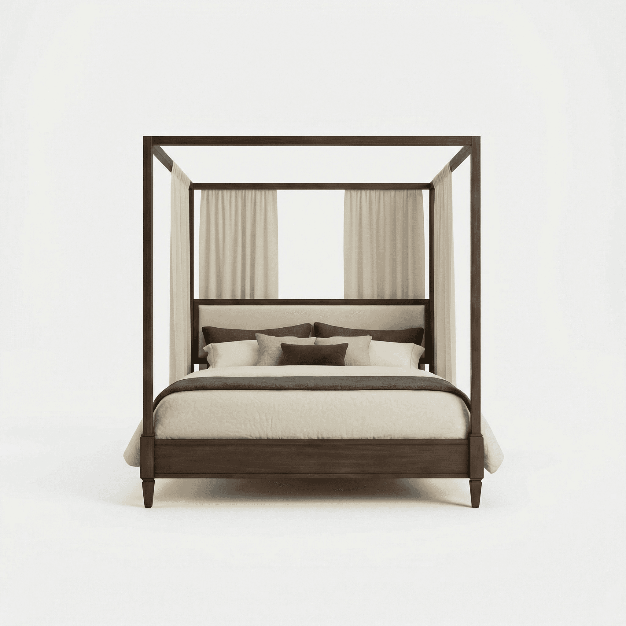 Four‑poster bed with squared wooden posts and enclosed frame design