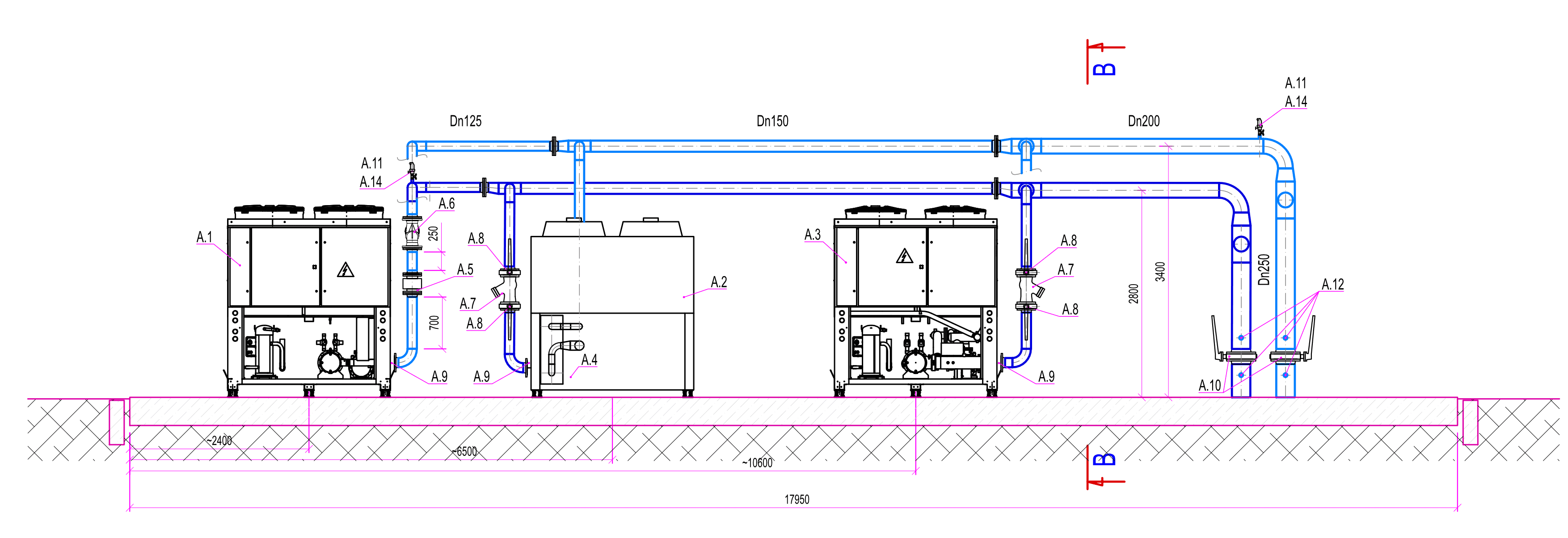 Schemat instalacji z 3 agregatami wody lodowej 