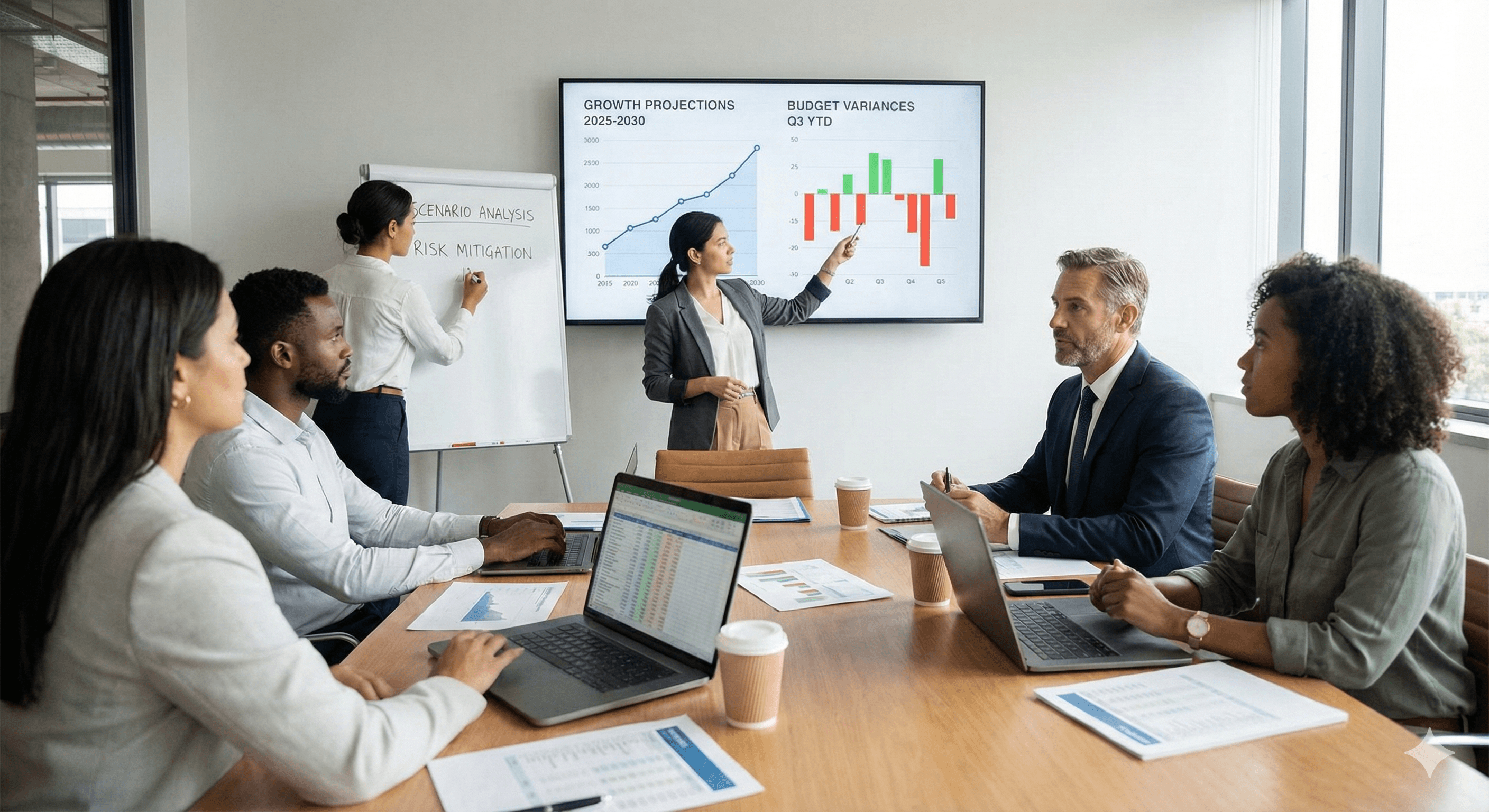 Strategic financial planning session analyzing growth projections and budget variances.