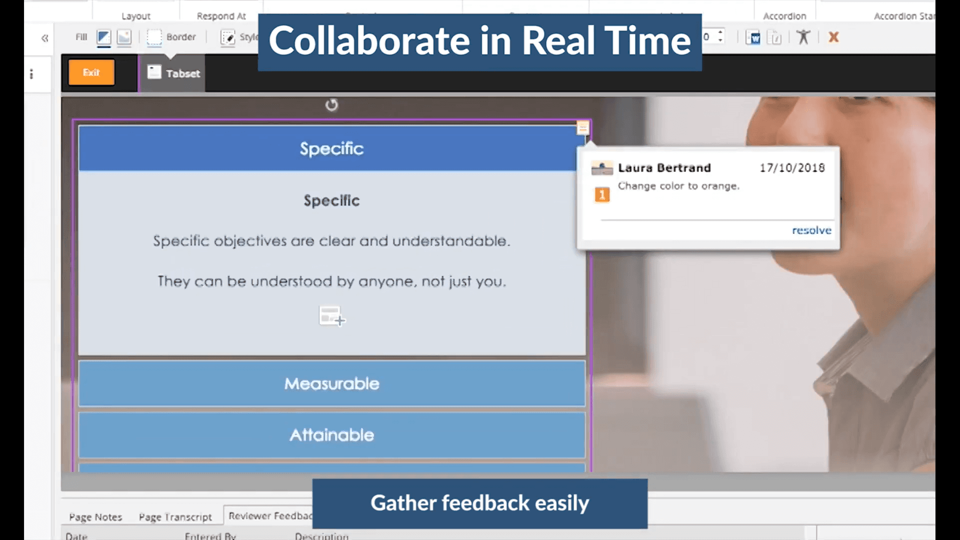 dominKnow | ONE course review and collaboration view showing an on-screen comment thread and a resolve option inside an authoring workspace