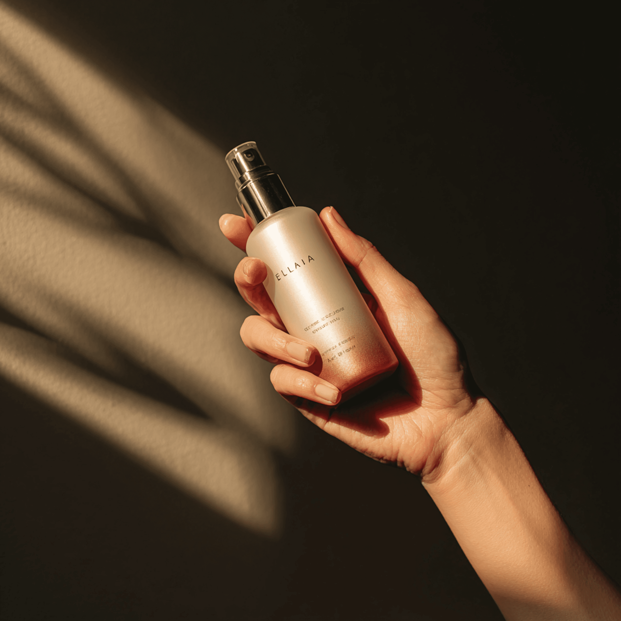 A hand holding a metallic skincare bottle against a dramatic shadowed background