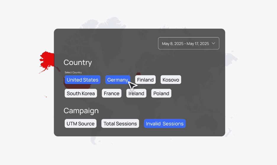 A dashboard with filters for country, date range, and campaign metrics, highlighting Germany and invalid sessions.