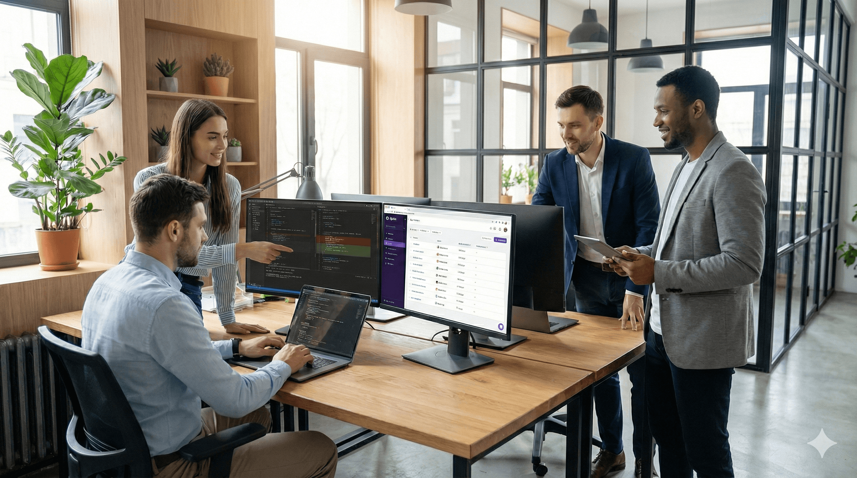 Four professionals collaborate in a modern office space, working on computers displaying code and project management tools, emphasizing teamwork in software development and coding solutions.
