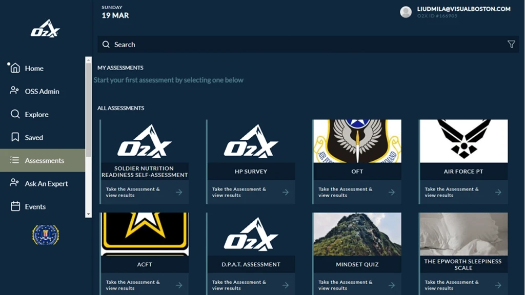 O2X Old UI assessments webapp screen