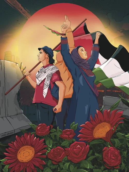 Ilustração de duas figuras determinadas em pé diante de um grande sol poente, segurando uma bandeira, cercadas por flores vermelhas desabrochando, transmitindo temas de resiliência e esperança.