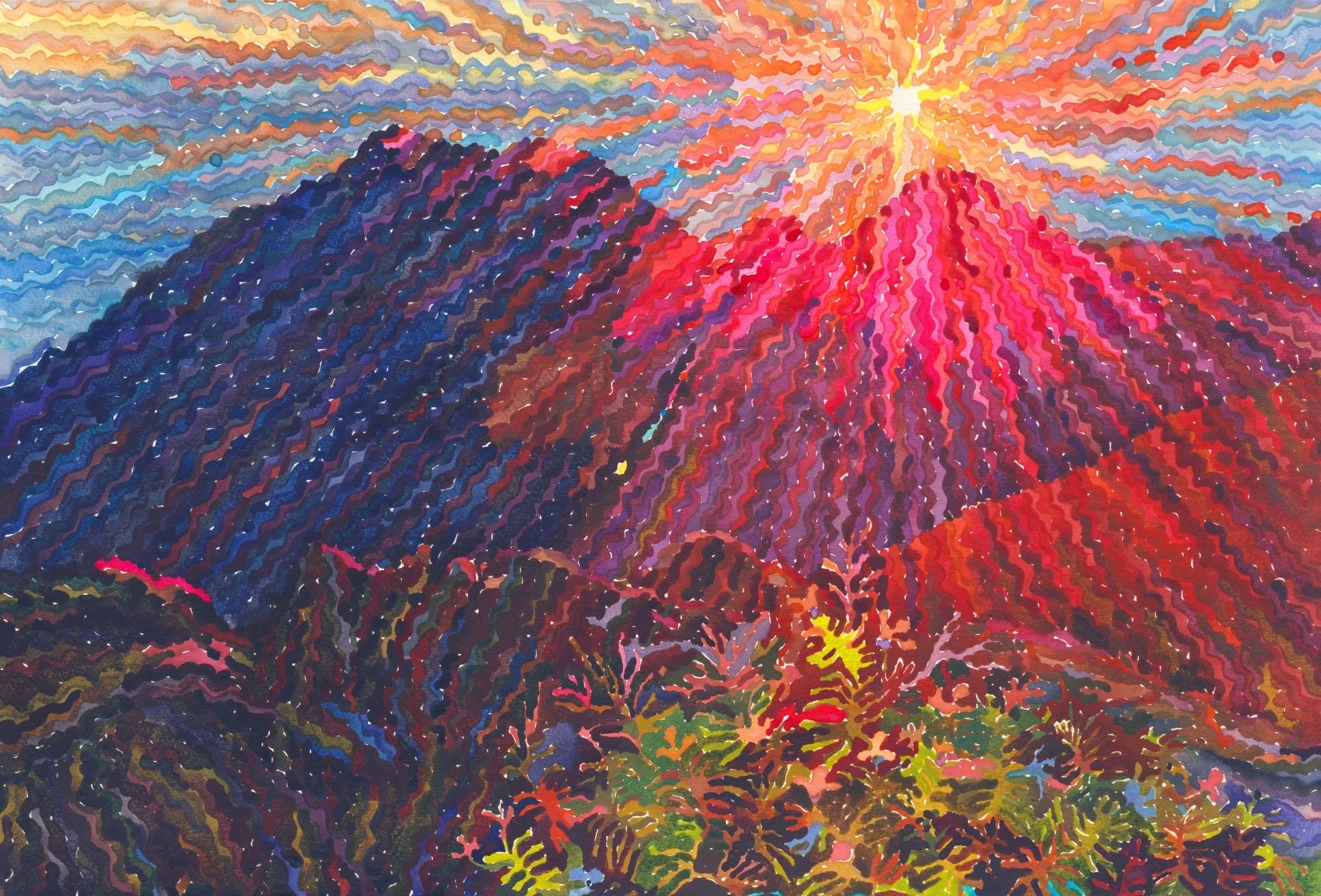 Vibrant abstract watercolor of mountains at sunrise.
