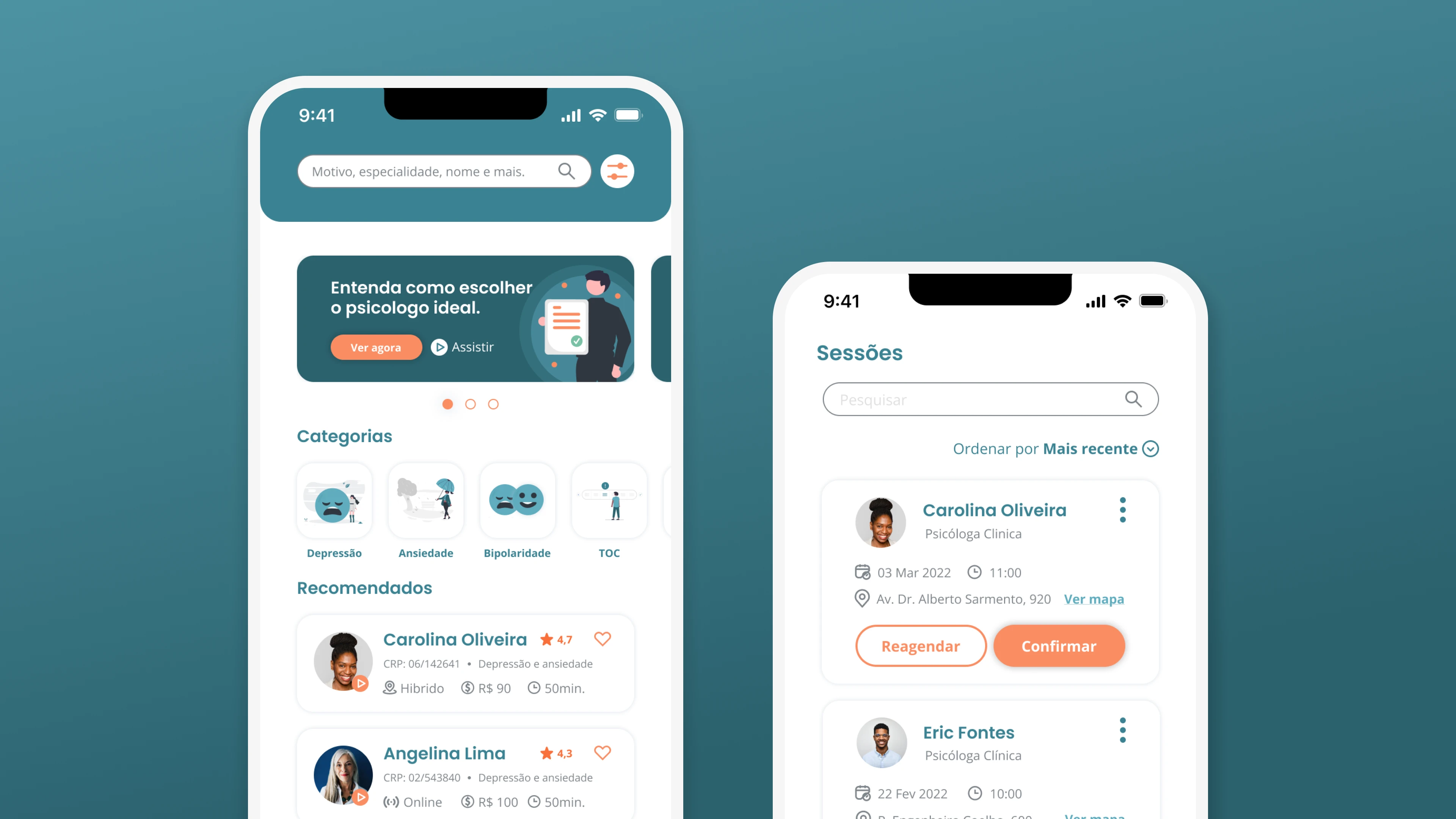 Screens displaying recommended psychologists by category and a list of scheduled sessions with options to reschedule or cancel.