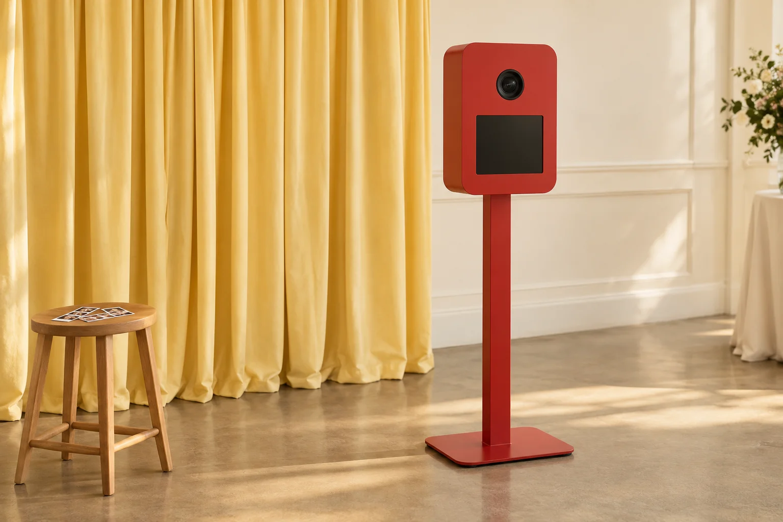 Red open-air photo booth with a pale yellow curtain, stool, and prints