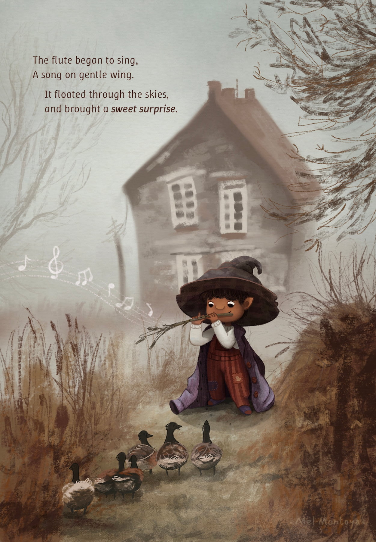 An elf child playing a magical flute that attracts a group of ducks in a foggy open field.