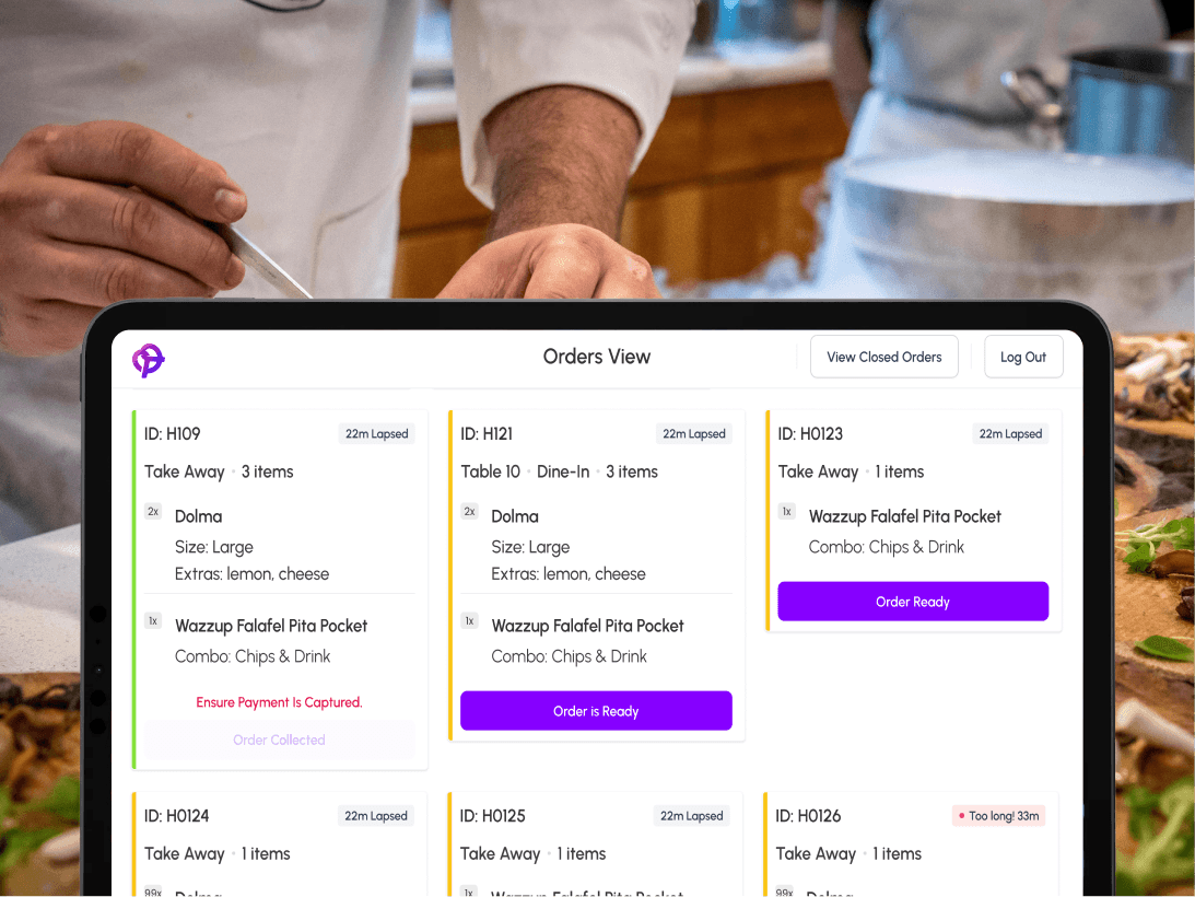 Pretzel POS KDS Shown on a tablet in a kitchen 