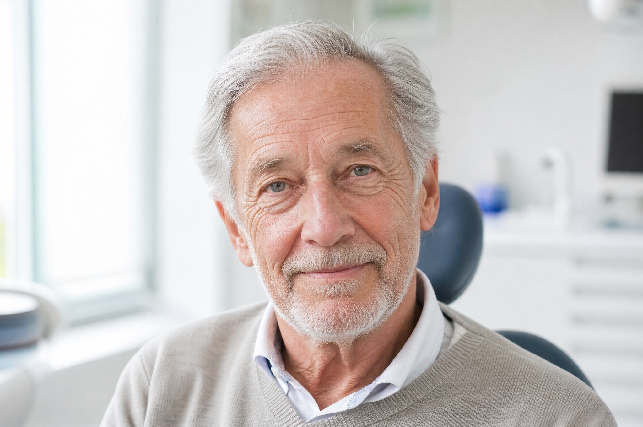 A senior man with grey hair and a warm, genuine smile sitting comfortably inside a modern dental practice room.