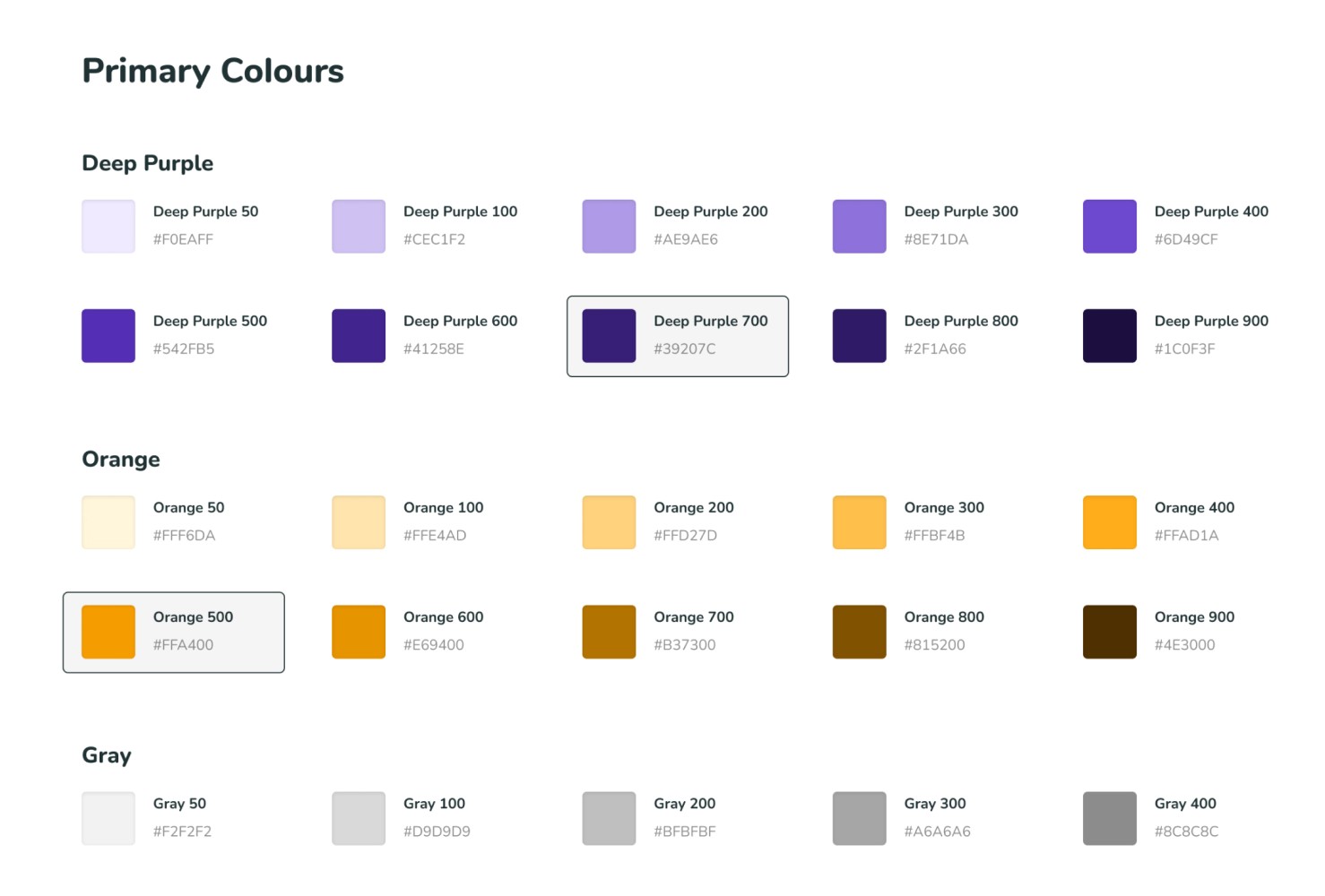 Screenshot from a design system displaying various colour swatches of purple and orange and grey in a number of tints.