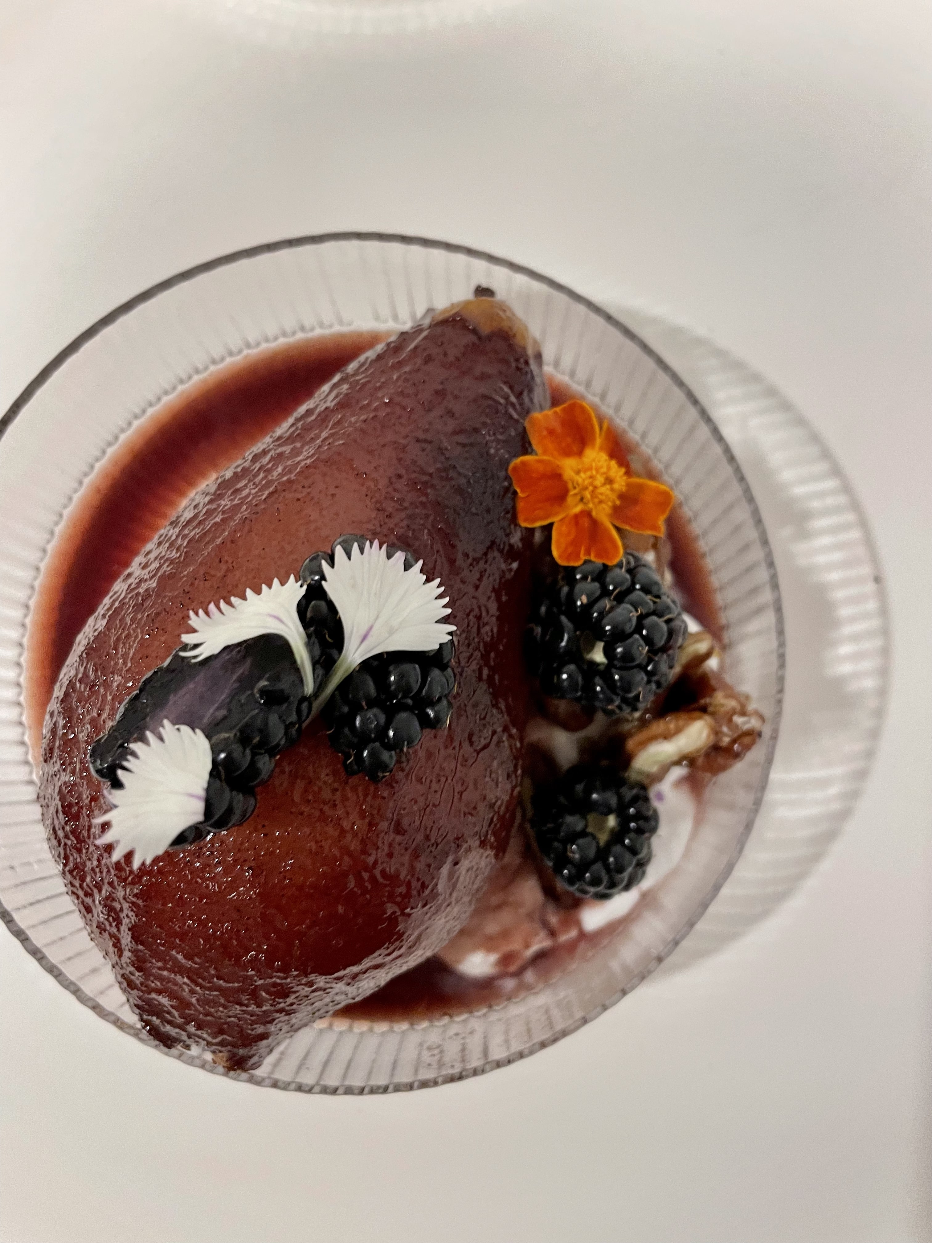 Poached Pear and blackberries