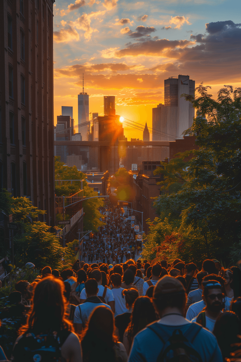 Golden sunset over a city skyline viewed above a crowd and lush trees.