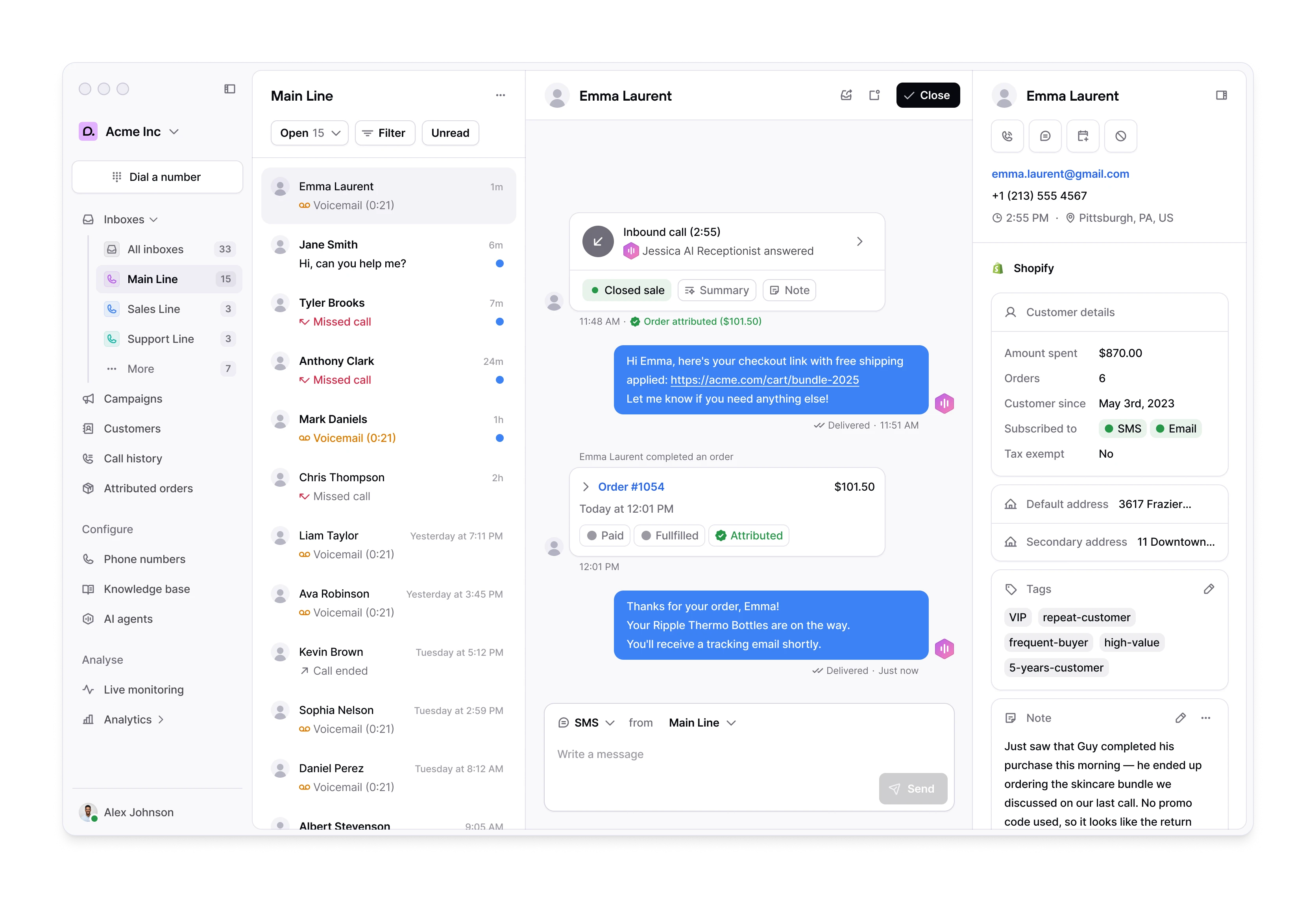 Consio unified inbox showing inbound calls, voicemails, and SMS across multiple phone lines, with a conversation detail view displaying an attributed Shopify order, checkout link sent via SMS, and full customer profile with tags and order history.
