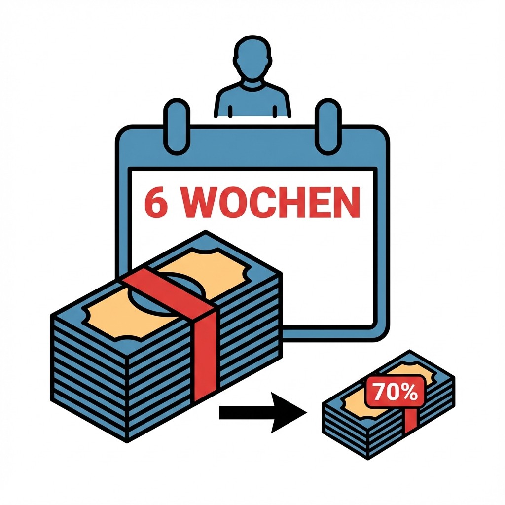 Illustration mit Kalenderblatt, auf dem '6 WOCHEN' steht, einem großen Geldstapel, der durch einen Pfeil zu einem kleineren Geldstapel mit '70%'-Label wird, und einer stilisierten Person im Hintergrund.