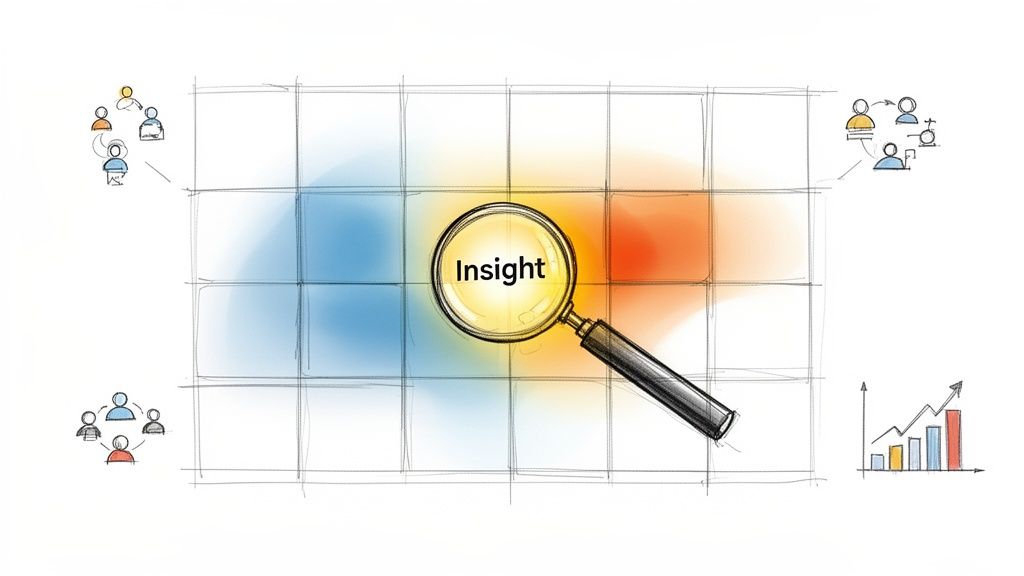 A hand-drawn heat map grid with 'Insight' highlighted by a magnifying glass, surrounded by user groups and a growth chart.