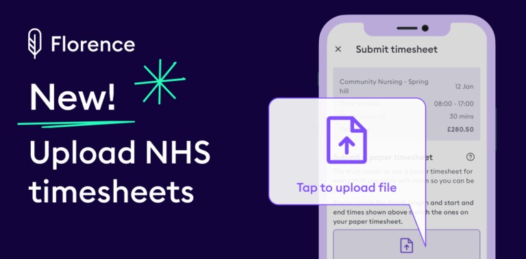 A Florence app promotional graphic on a dark navy background showing the NHS timesheet upload feature, with the text "New! Upload NHS timesheets" and a document icon