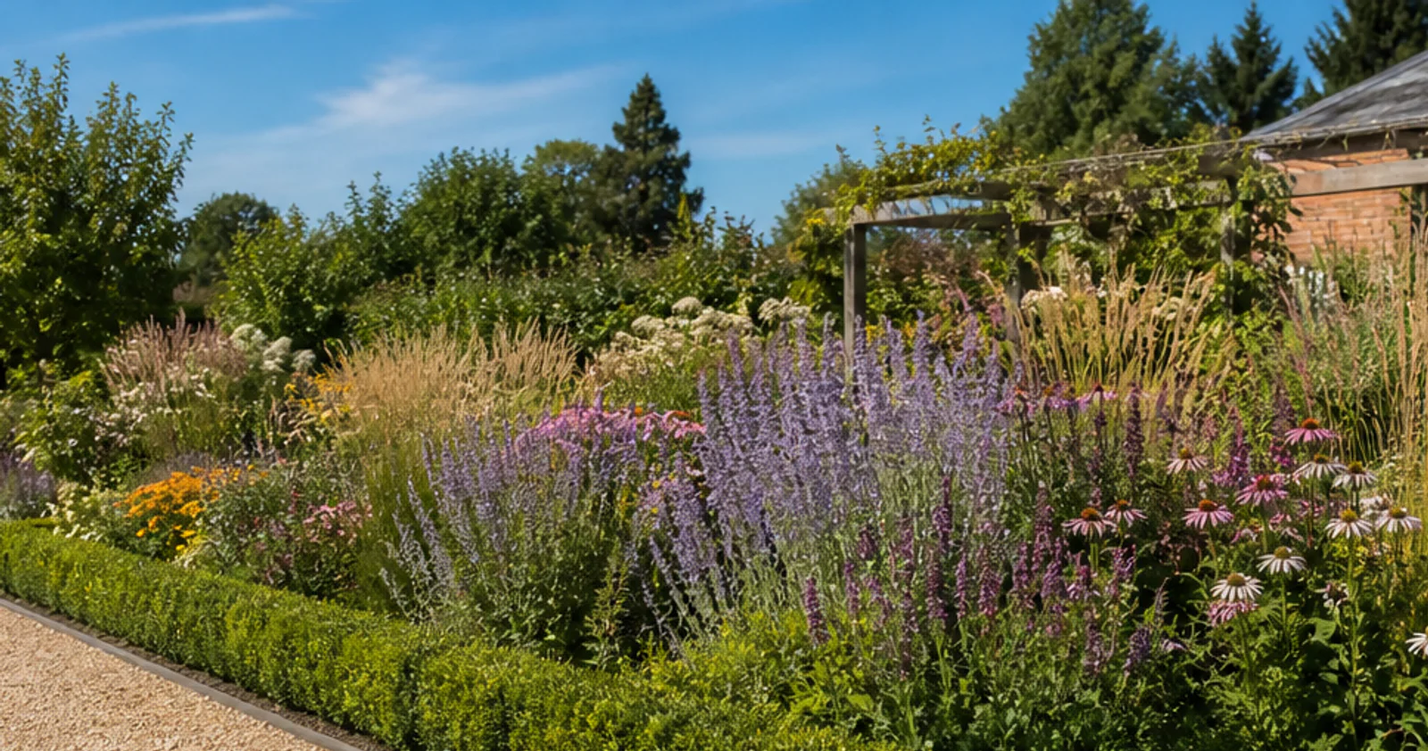 Structured pollinator border beside a clipped edge and gravel path