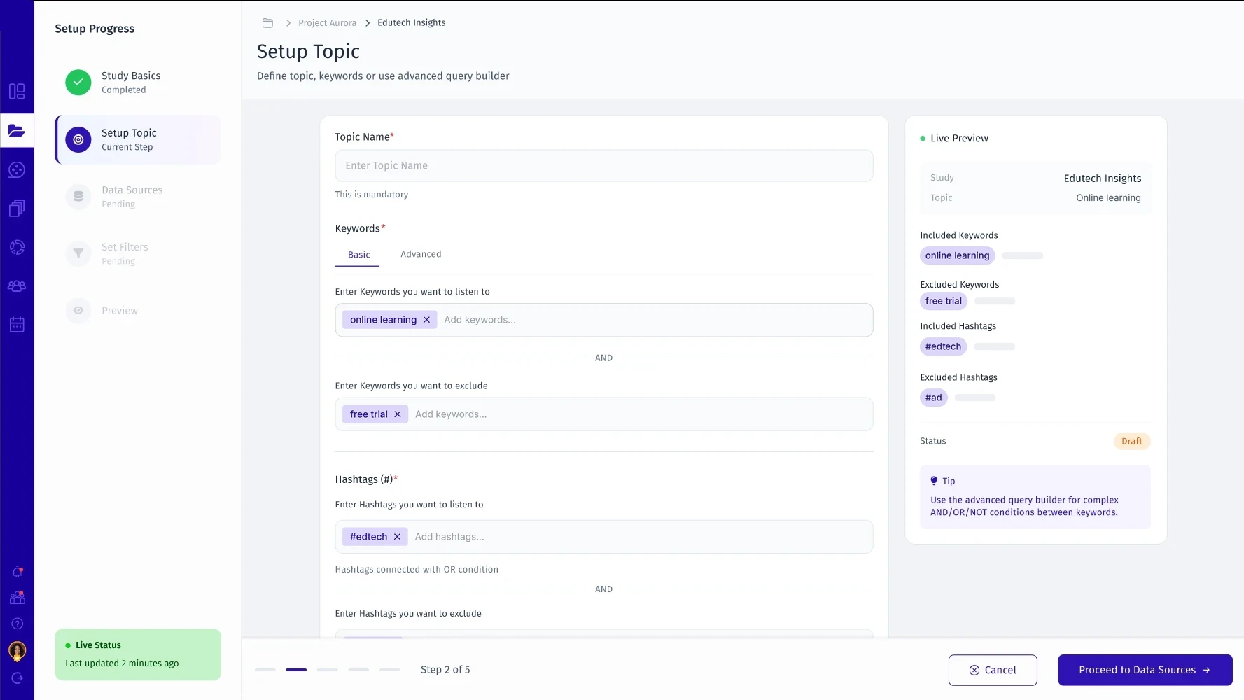 Step 2, Topic Setup in Basic mode: topic name, an included keyword chip 'online learning', an excluded keyword 'free trial', a hashtag '#edtech', and a live preview.