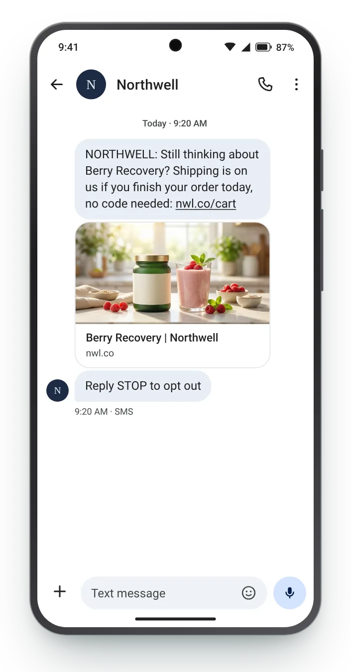Free shipping on the cart abandoned cart SMS on an Android phone