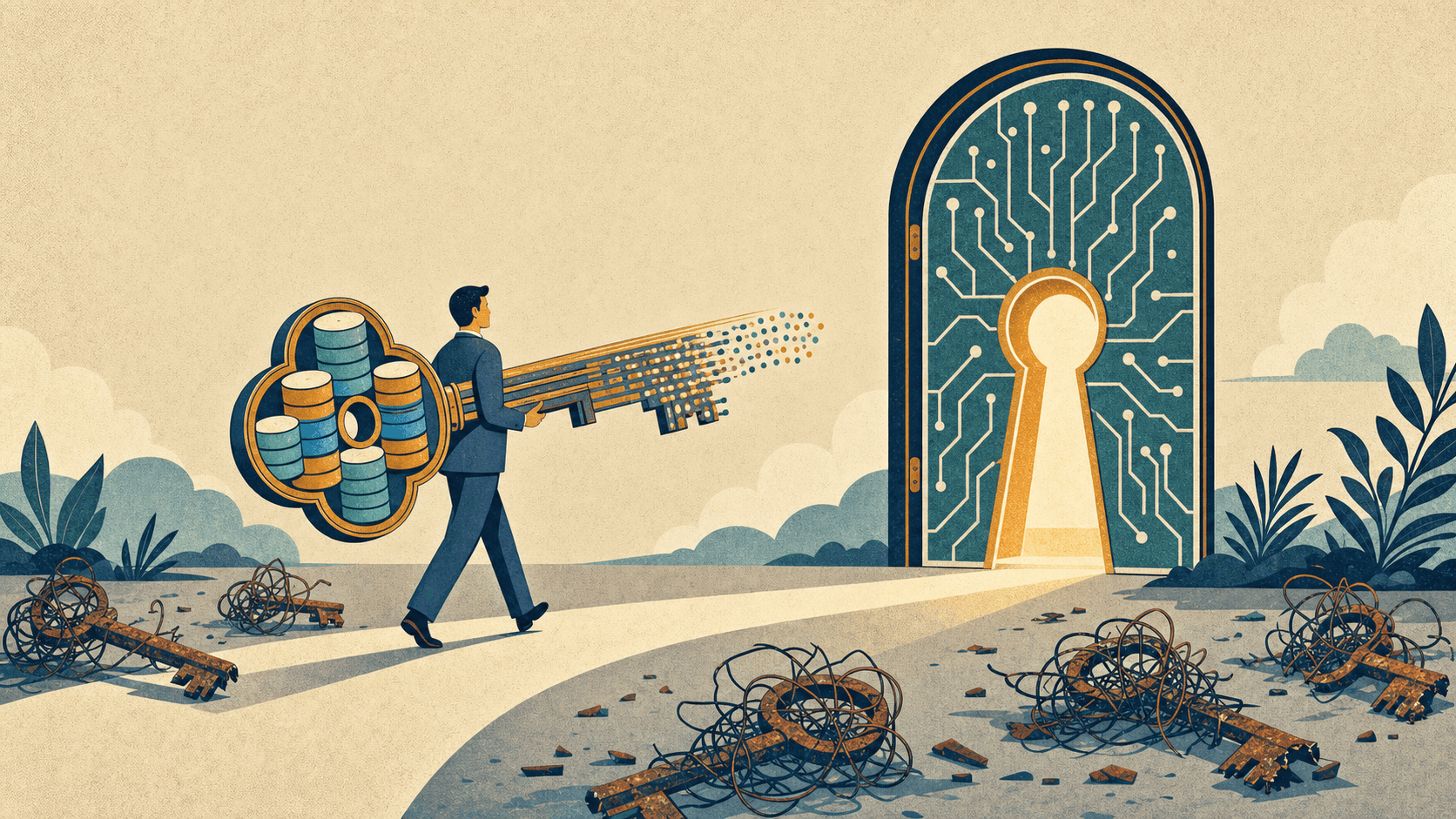 Abstract illustration of a data layer as the foundation for AI systems in banking