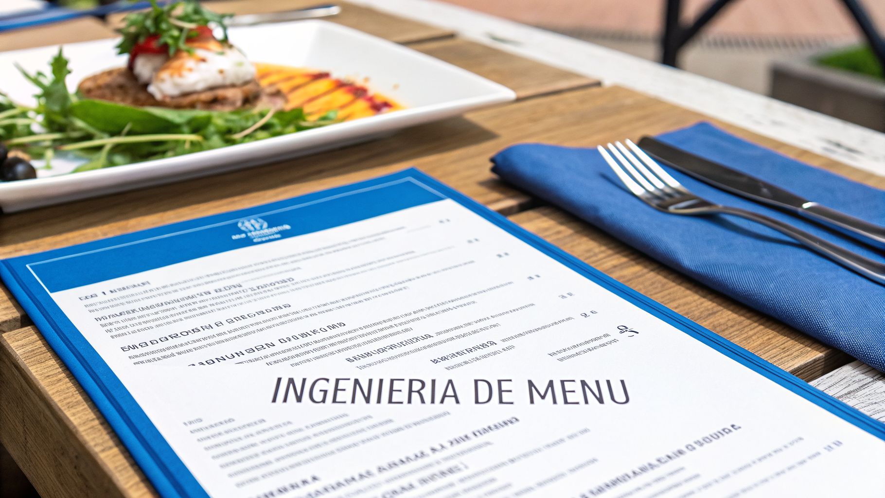 Un menú de restaurante en una mesa de madera con un plato de comida y cubiertos, destacando 'Ingeniería de Menú'.