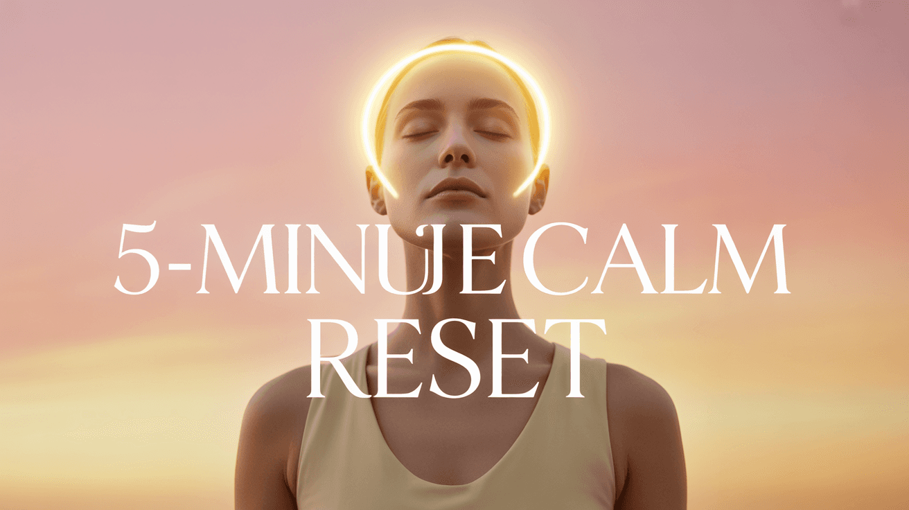 Meditating woman in sunrise light with 5-Minute Calm Reset text
