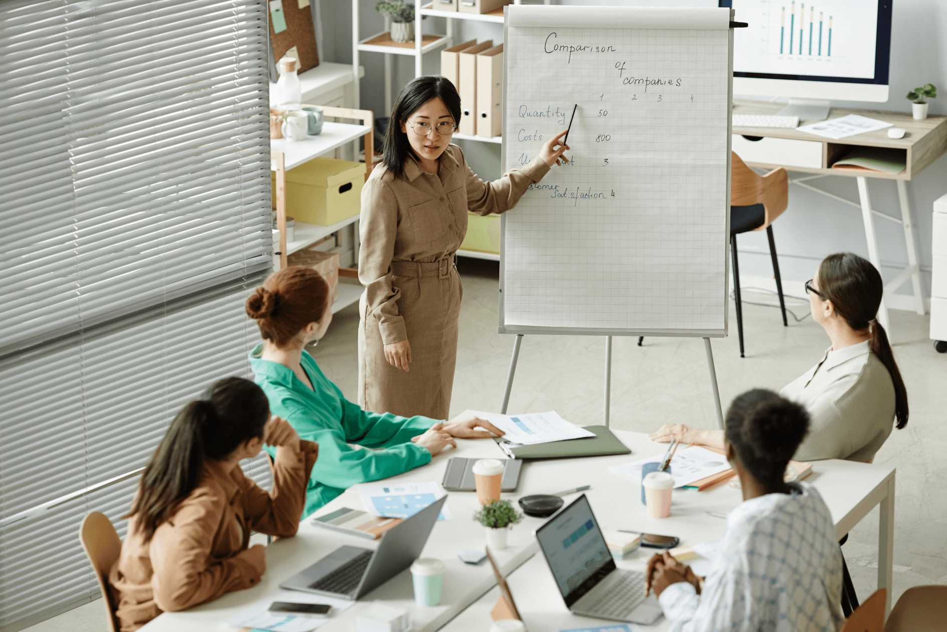 Une personne qui pointe du doigt le tableau et 4 personnes qui écoutent