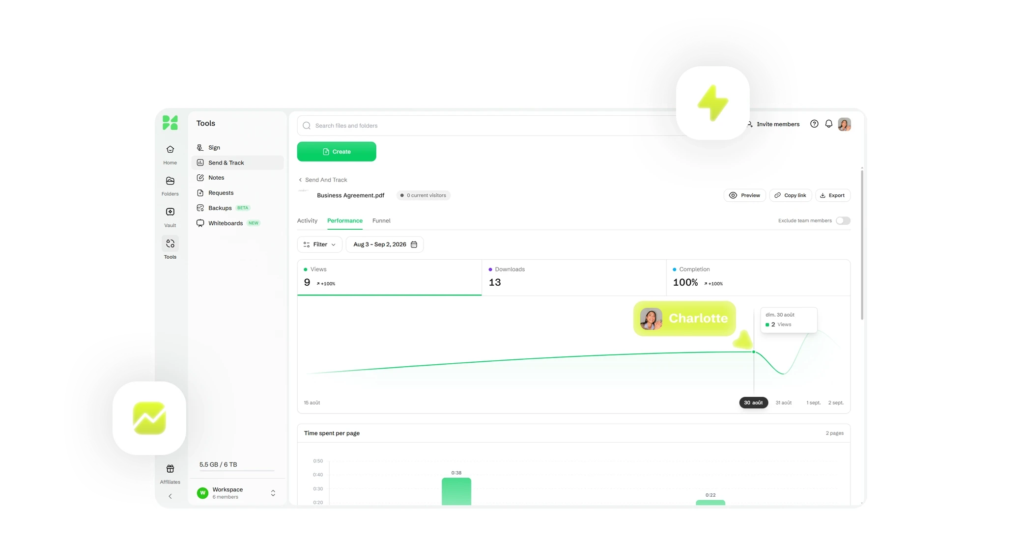 Drime Send & Track analytics interface