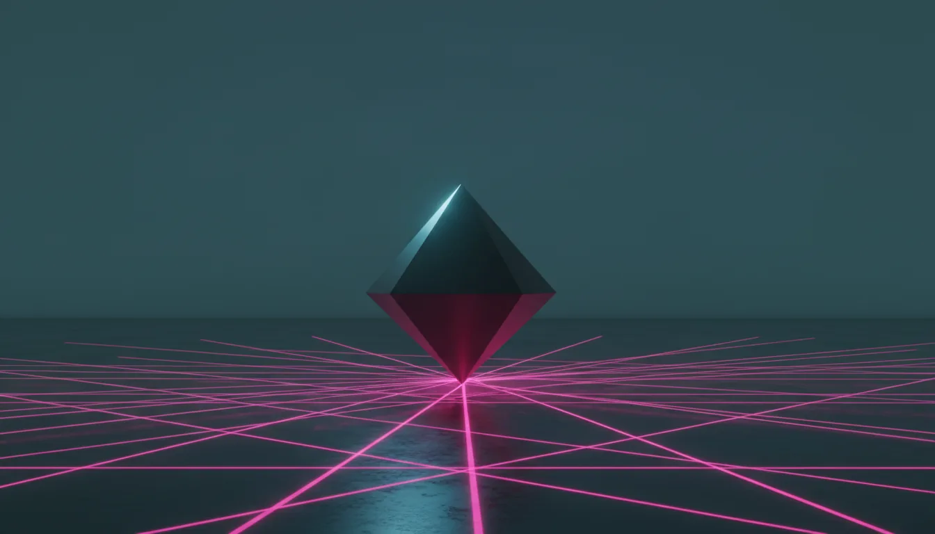 A high-fidelity 3D render in a Blender style, featuring a sharp, dark matte bipyramid balanced perfectly on its point. The central object is set on a dark floor plane against a simple, dark teal studio backdrop. The scene is dramatically lit by a network of vibrant, crisscrossing magenta laser lines projecting across the floor. A single, cool-blue light source creates a bright, sharp highlight on one facet of the bipyramid, creating cinematic contrast with soft global illumination.