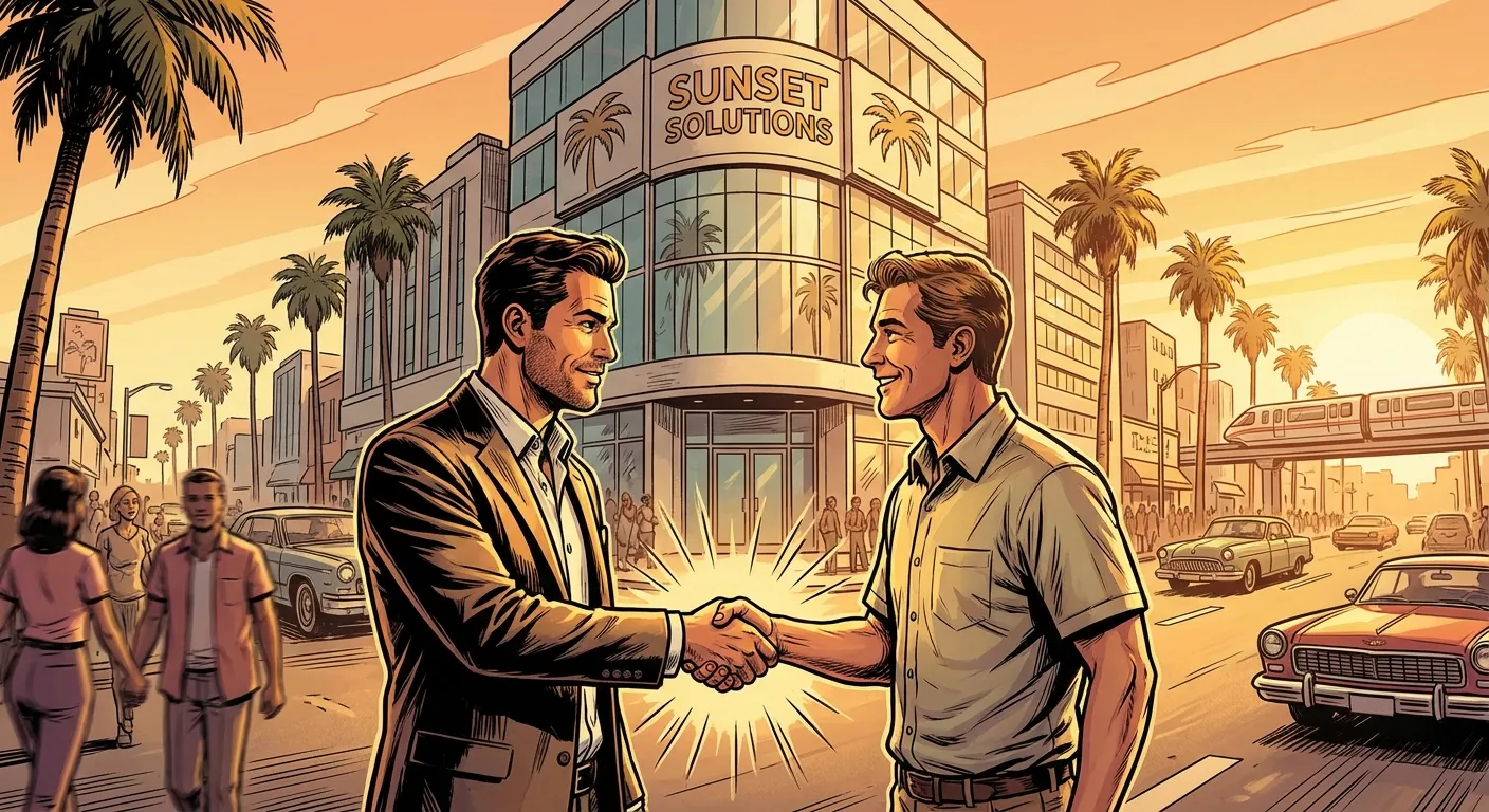 Two businessmen shake hands in front of modern office, "Sunset Solutions".