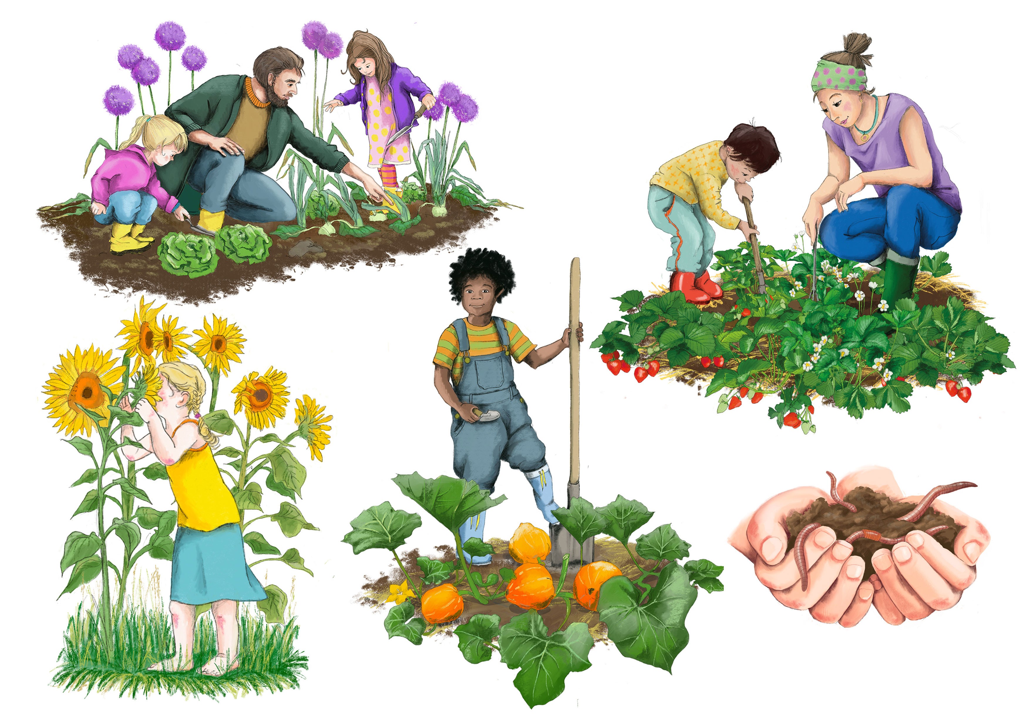 Kinder arbeiten im Garten, Hände mit Würmern