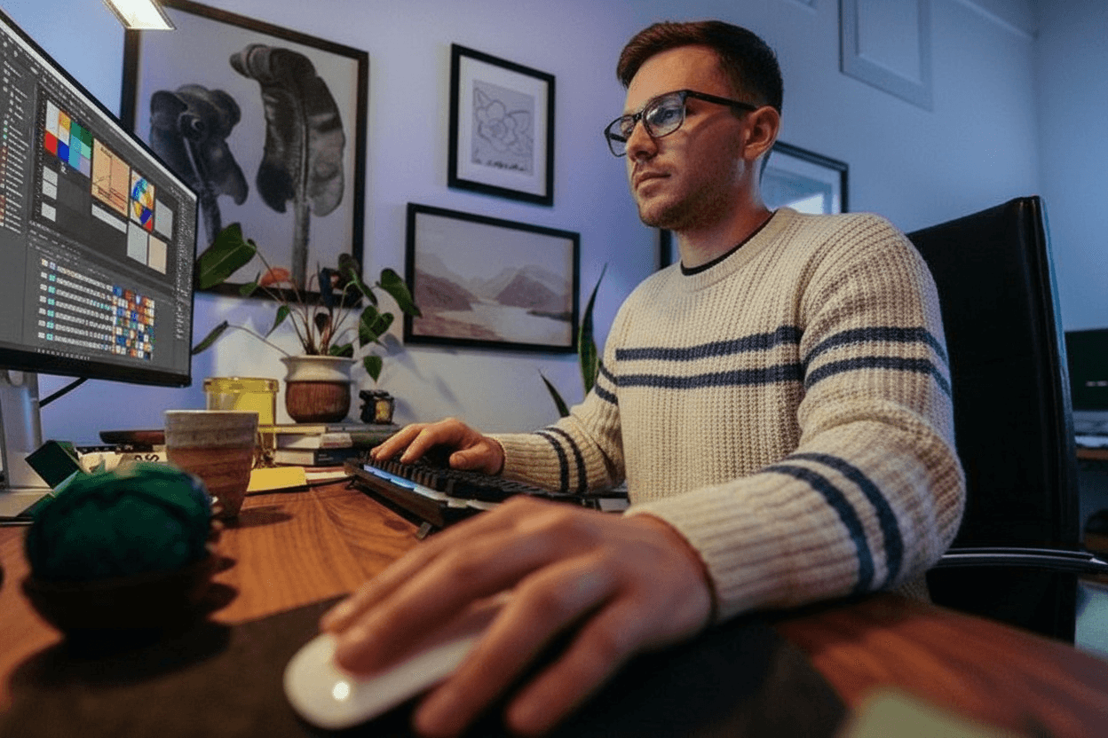 A man with glasses and a striped sweater using a computer for video editing in a dimly lit home office.