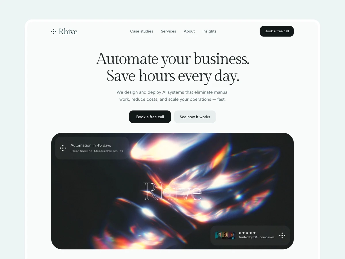 Rhive template homepage hero with heading 'Automate your business. Save hours every day.' above a colorful abstract graphic on a dark background