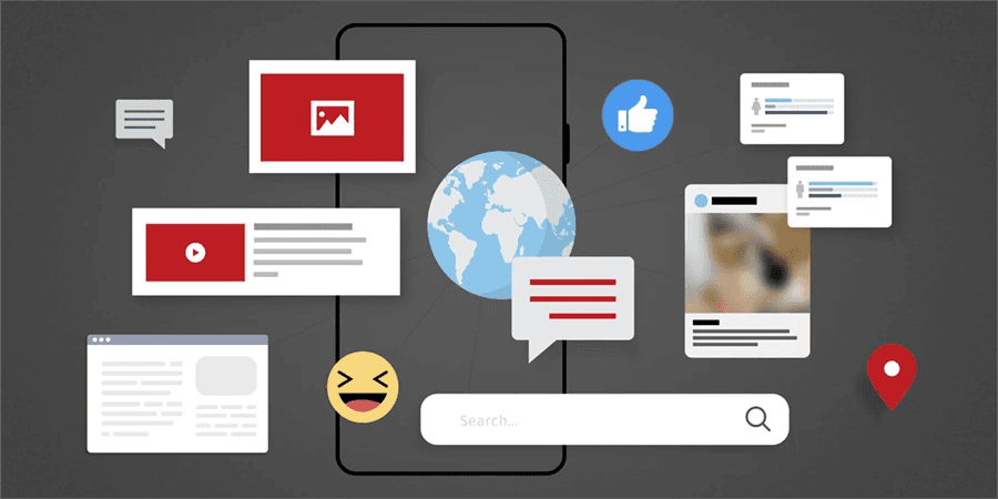 Several web windows and chat boxes placed before a mobile screen with emojis.