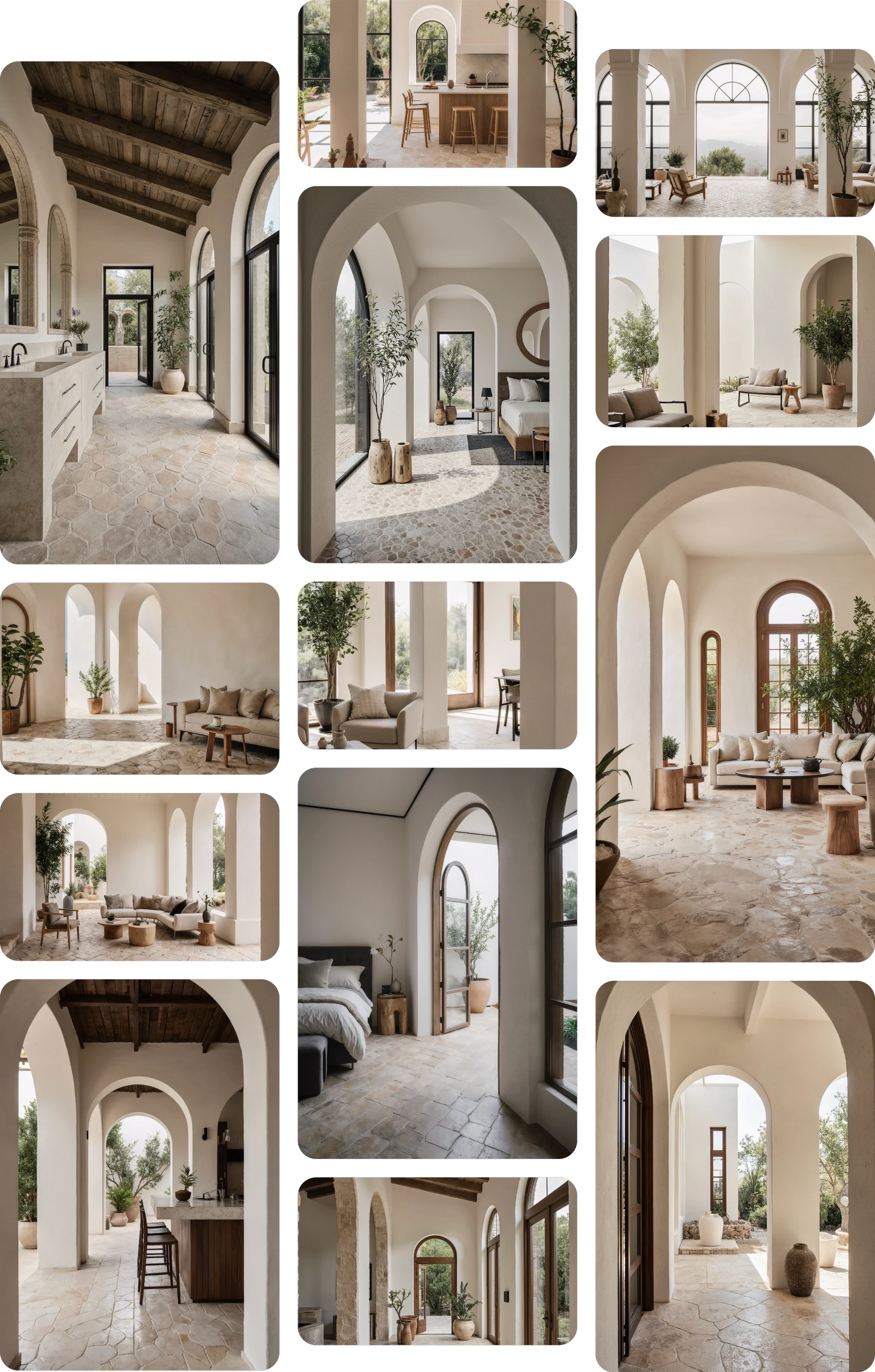 Masonry-style gallery featuring multiple interior spaces with arches, neutral palettes, natural light, sculptural architecture, and warm materiality.