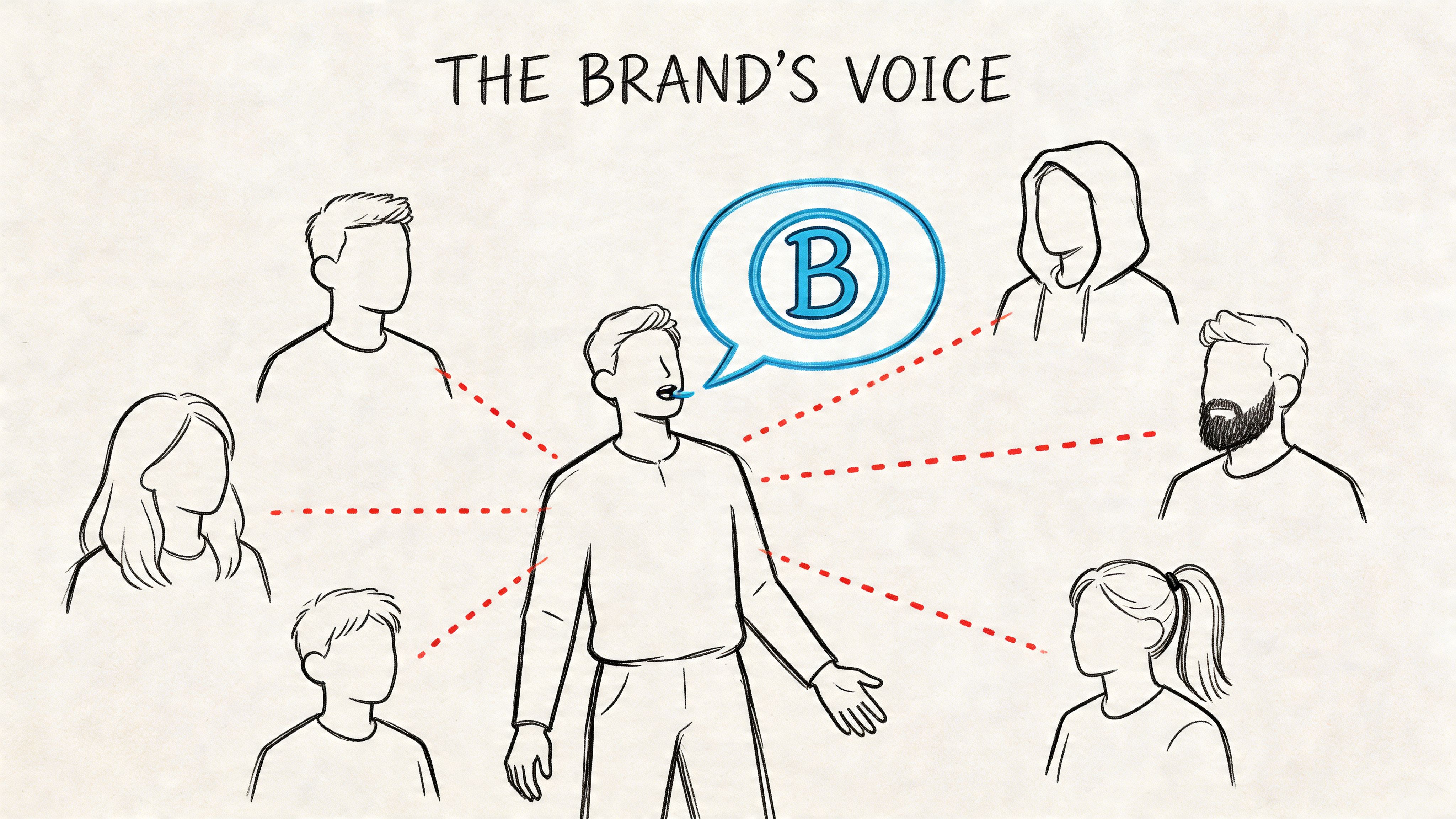 An illustration showing a central person speaking with a brand letter B icon reaching various diverse people.