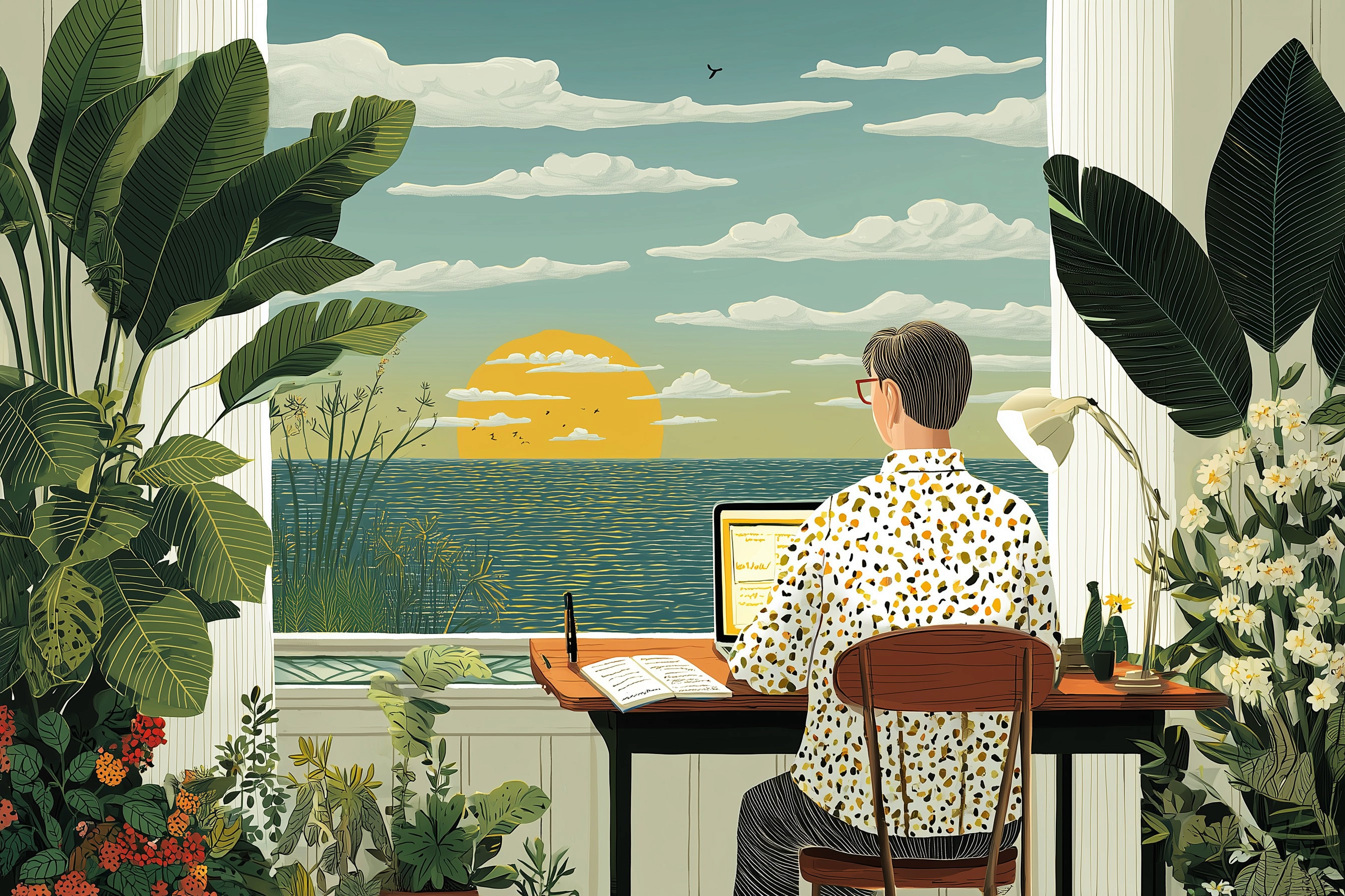 An illustration of an older woman sitting at her computer filling out a contact form