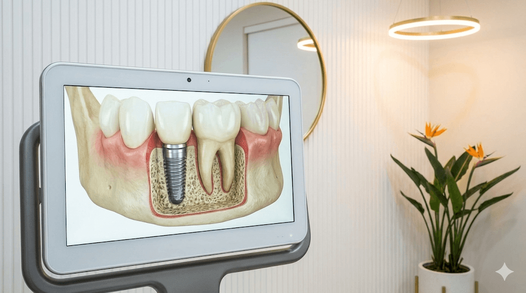 A dentist showing a patient a digital scan of their jaw, explaining the precise placement of the implant.