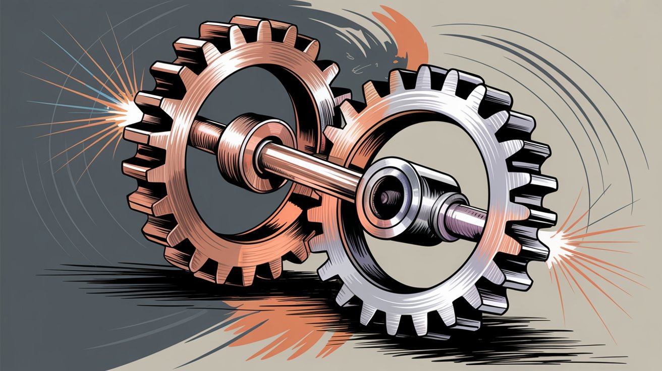 Two interlocking mechanical gears representing demand generation and lead generation working together as integrated components of a unified business revenue engine