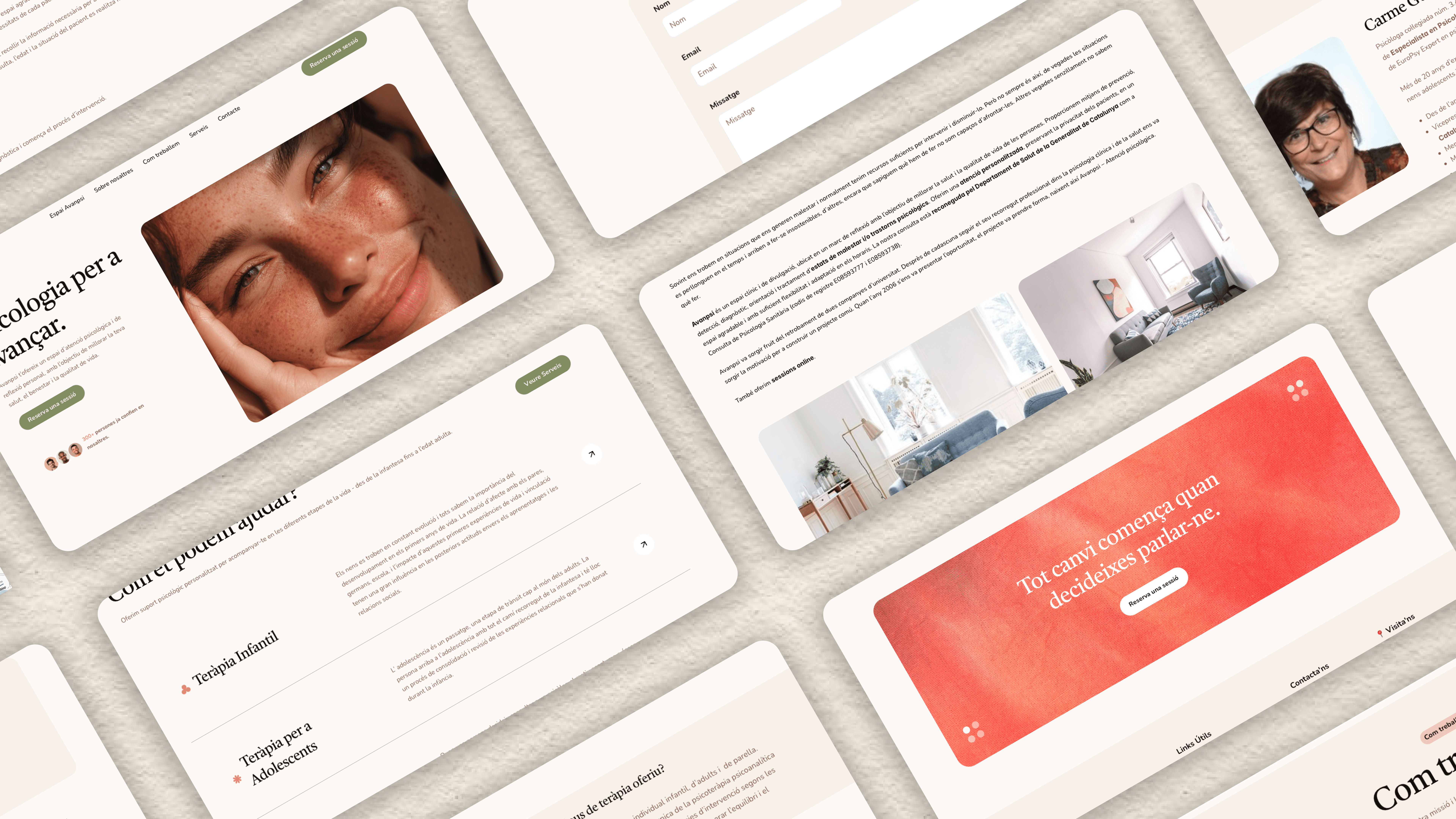 Grid of Avanpsi website mockups showcasing a modern psychology clinic design with warm tones, elegant typography, and responsive layout previews