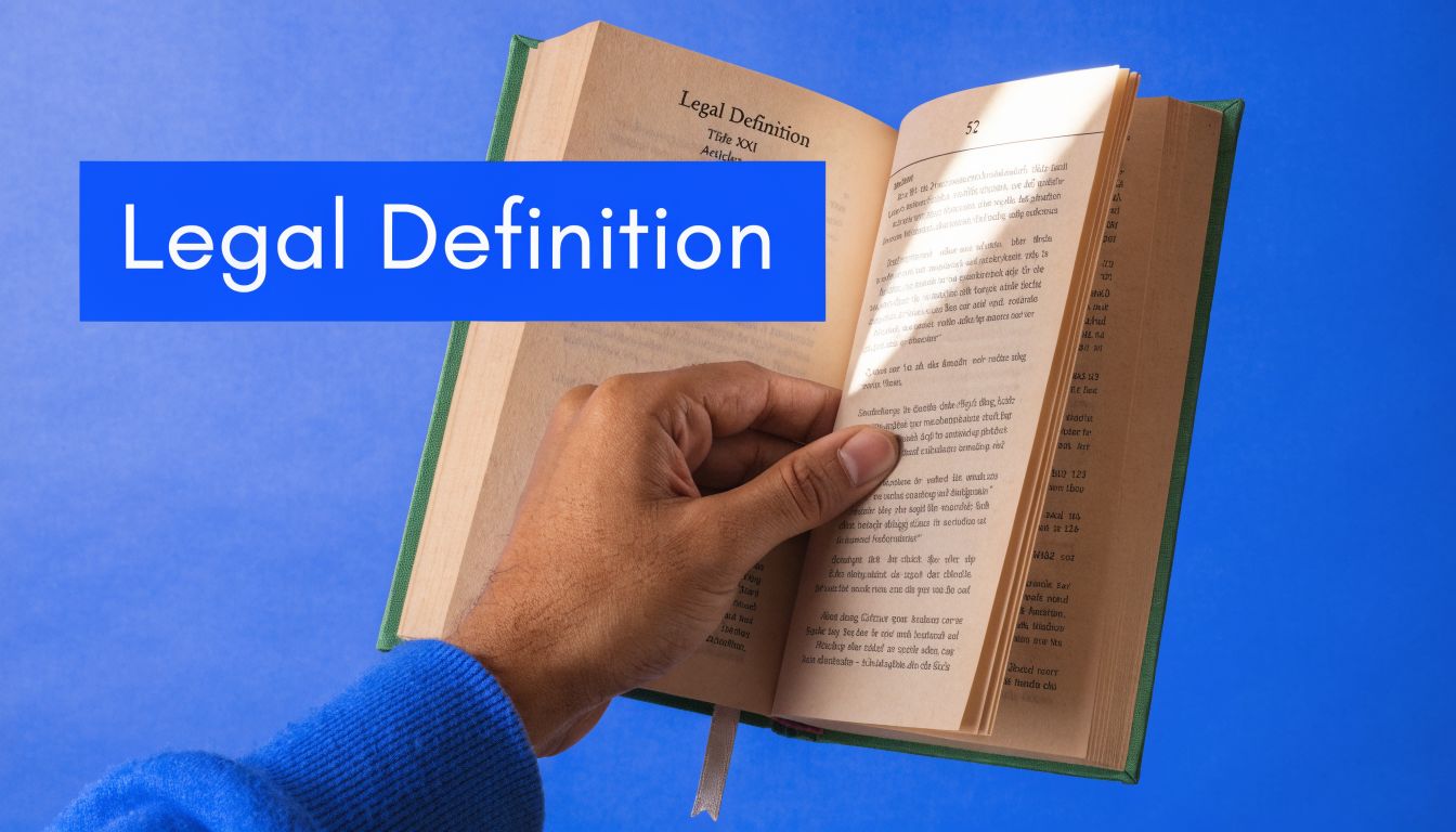 A hand holding an open book with the page labeled Legal Definition against a blue background.