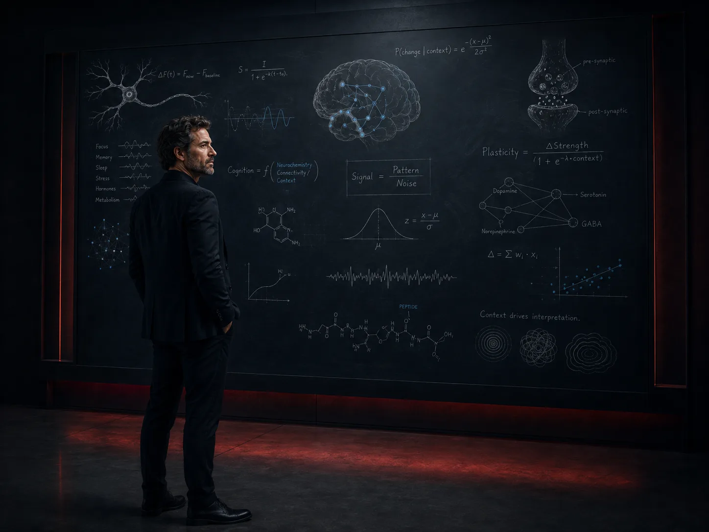Man in a dark suit standing before a chalkboard diagram of neurons, cognitive function, and neurotransmitter pathways, representing focus and mental clarity