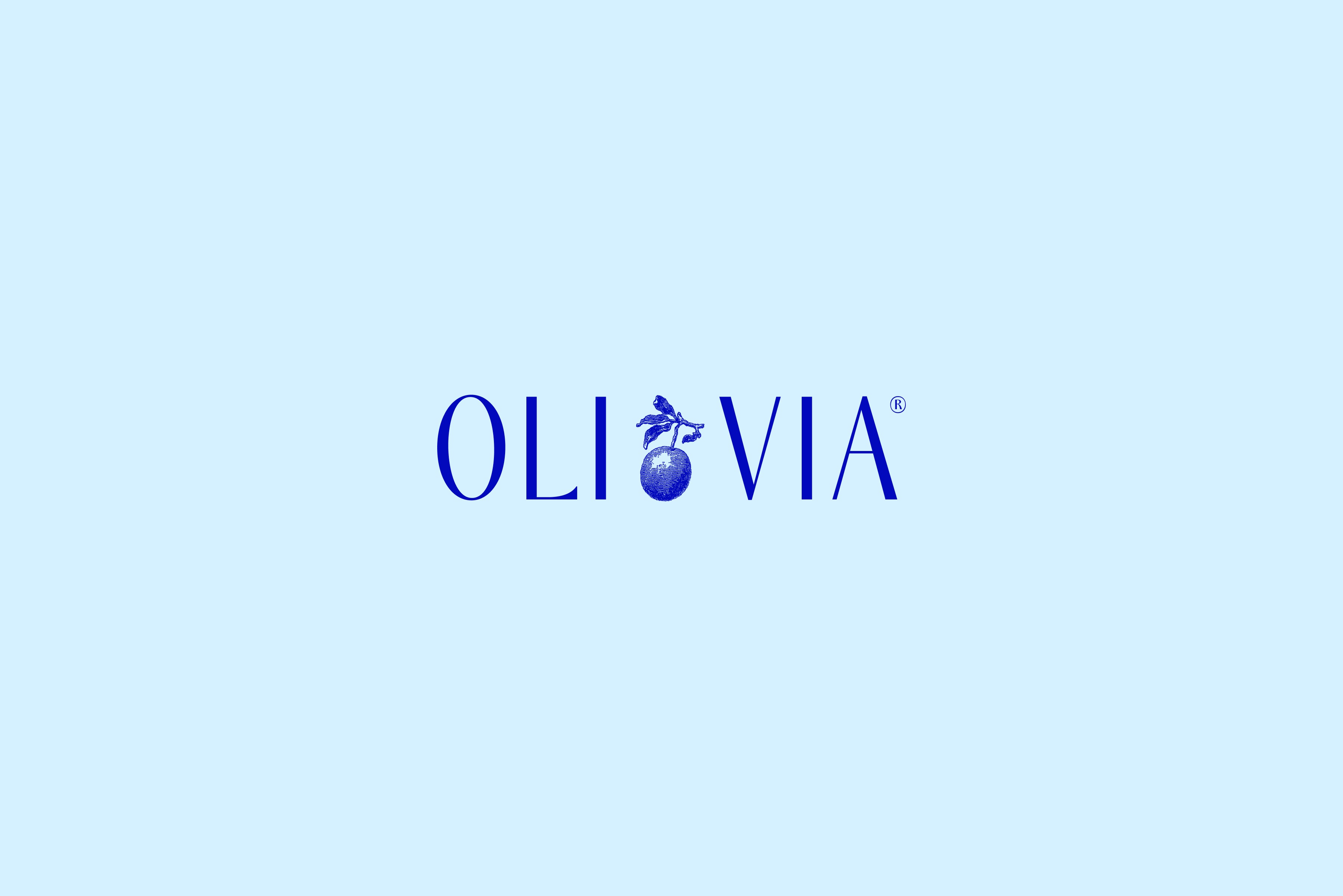 Logo de restaurant méditerranéen OLI•VIA en bleu royal sur fond bleu pastel, identité visuelle élégante inspirée de l’huile d’olive.
