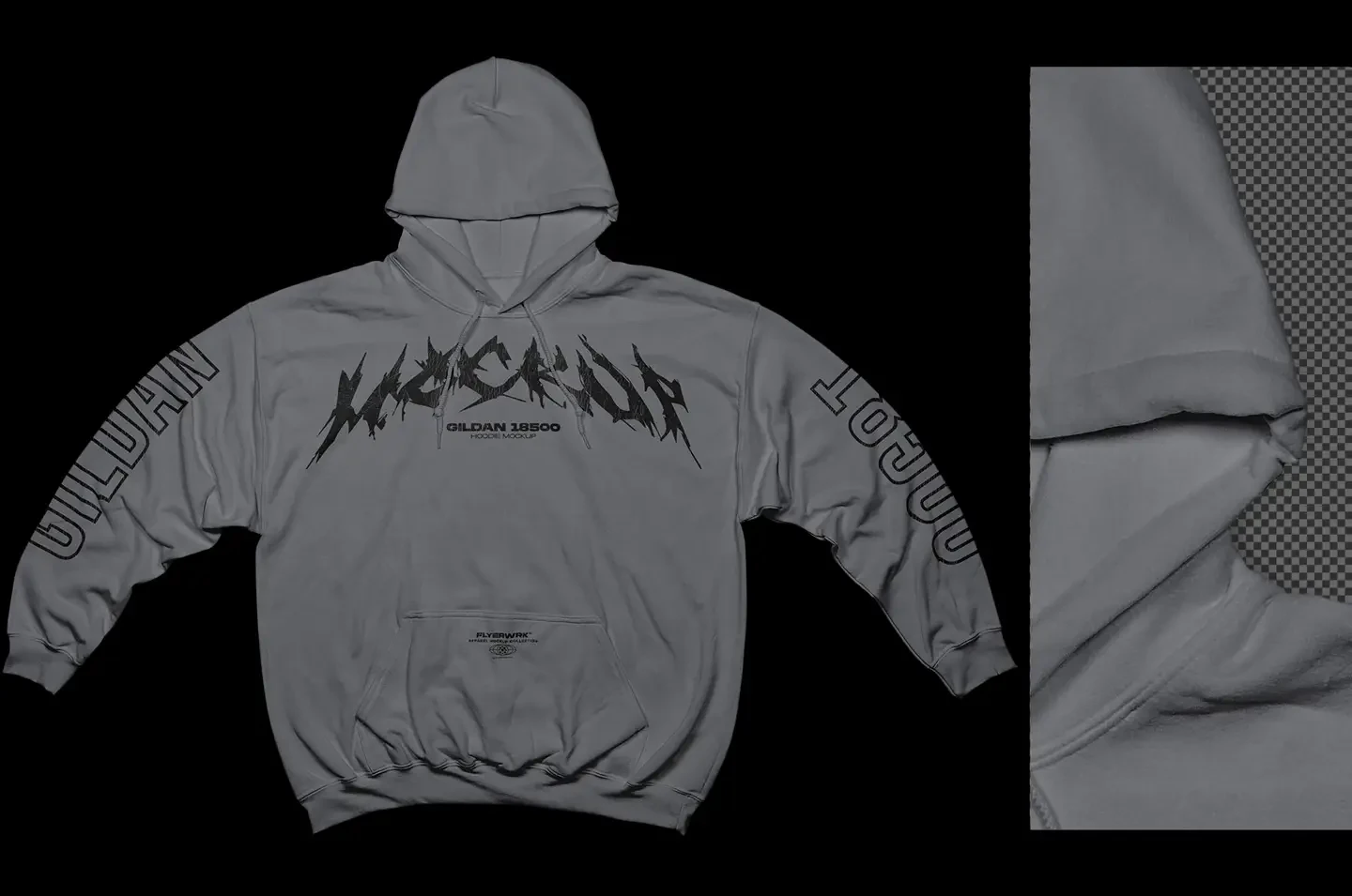 Gildan 18500 Hoodie Wide Arms mockup fabric detail close up high resolution