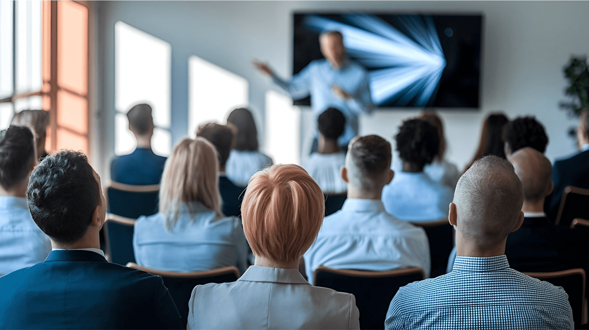 A group of people seated in a conference room attentively listen to a presentation, with a speaker gesturing in front of a large screen displaying a dynamic graph, highlighting a professional meeting setting.