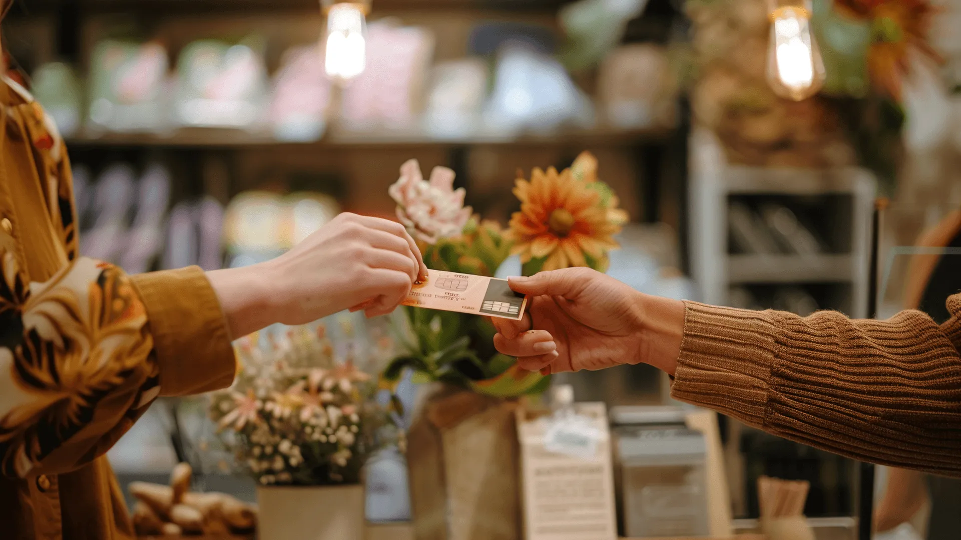 A loyalty stamp card being handed back to a customer after being stamped